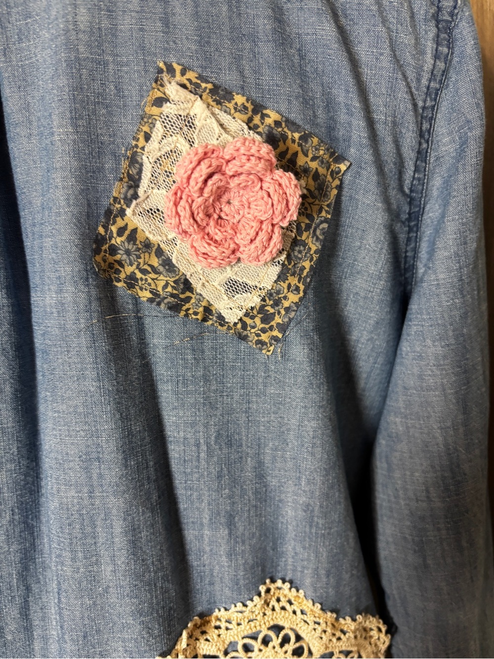 Upcycled Old Navy Button-Up Shirt  Boho Cottagecore Patchwork Lace - Picture 7 of 12